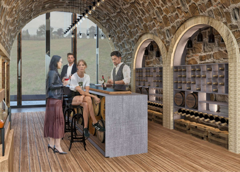 Natural Stone Arches Framing Guesthouses with Pinewood Touches in Vineyard Setting