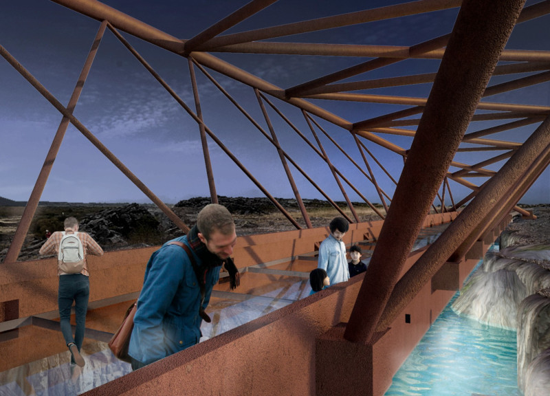 Weathering Steel Bridge over Tectonic Fault with Glass Observation Decks and Geothermal Technology