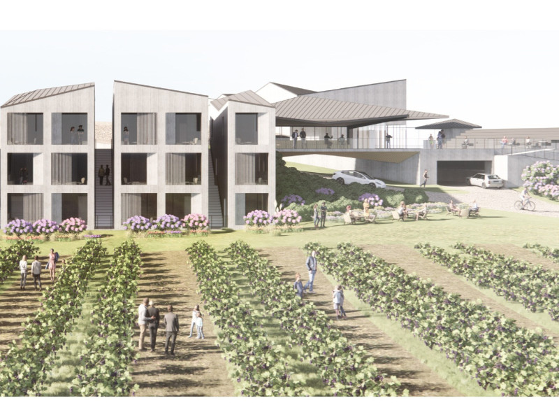 Charred Wooden Shingles and Reinforced Concrete Create a Sustainable Community Hub Amidst a Vineyard Landscape