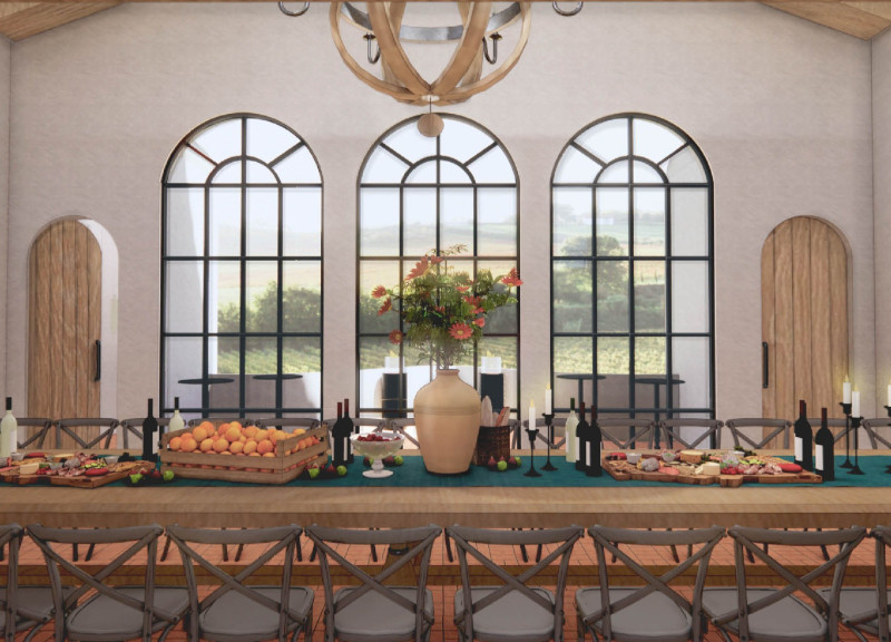 French Oak Chandelier and Traditional Tiles in a Vineyard Tasting Room