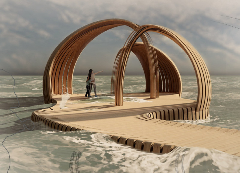 Curved Form and Structural Wood Piles in a Waterfront Pavilion Using Local Timber