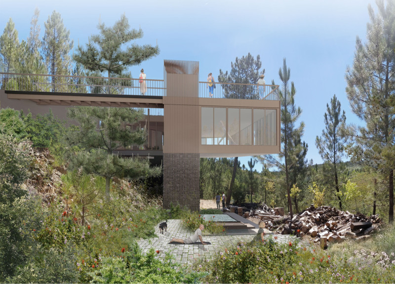 Charred Wooden Shingles and Concrete Form a Meditative Community Hub in a Natural Setting