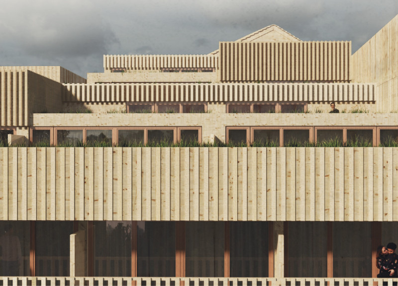 Balconies Overlooking Green Roofs with Mass Timber Structure