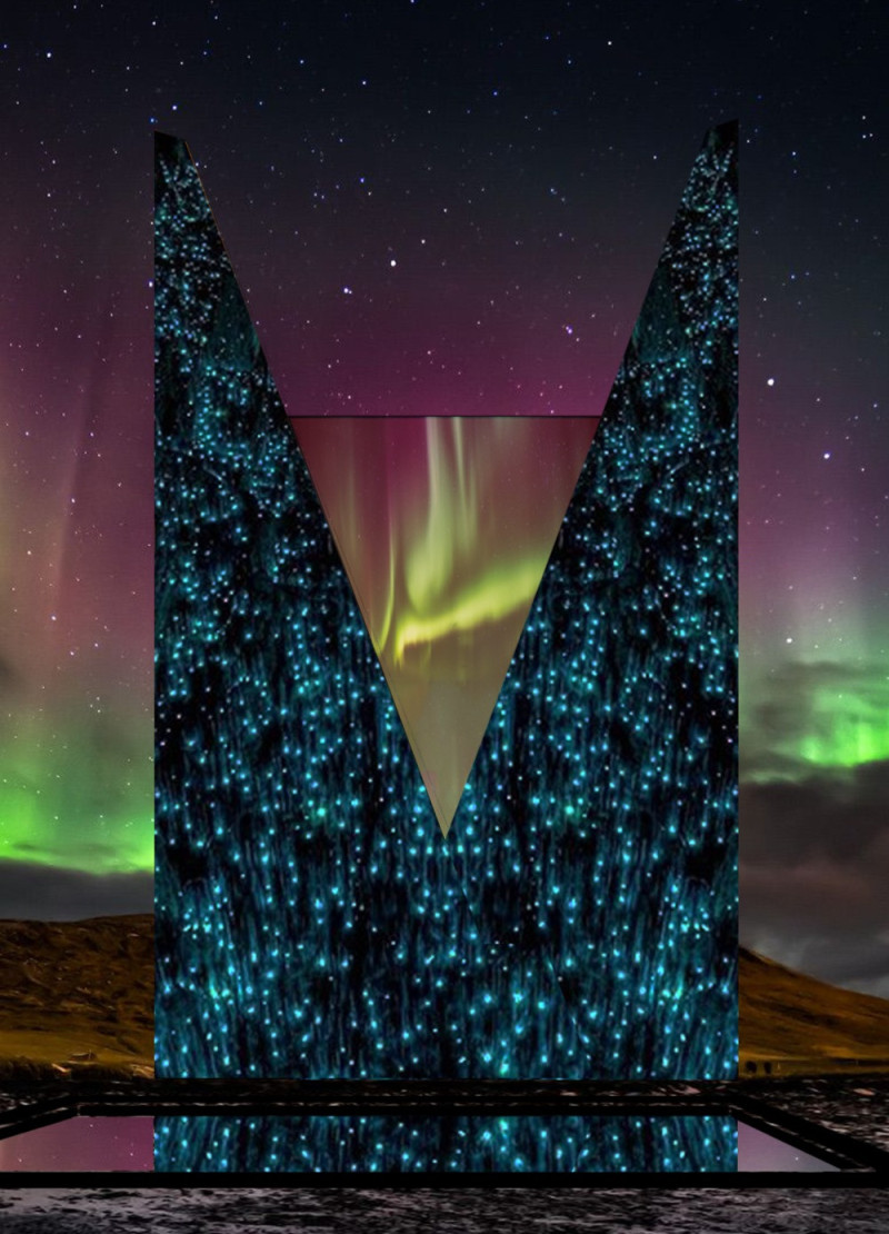 Reflection Pool and Polished Lava Stone at a Visitor Center Inspired by Tectonic Forces