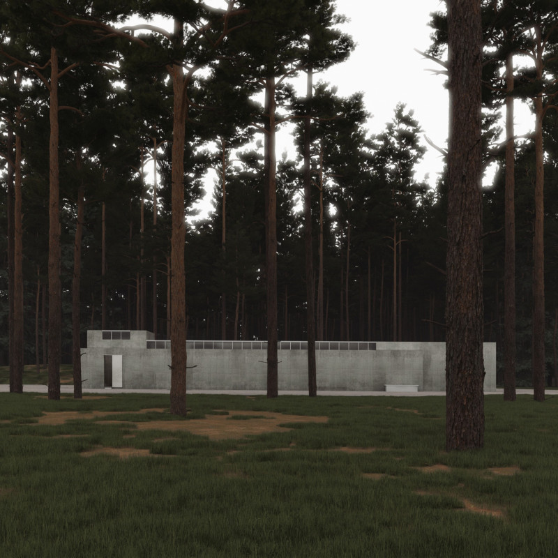 Grey Concrete Volumes Framing Reflection in a Natural Landscape