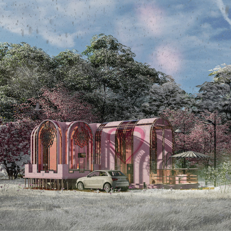 Gothic Dome Topped with Translucent Glass and Pink Brick Crafting Communal Living Spaces