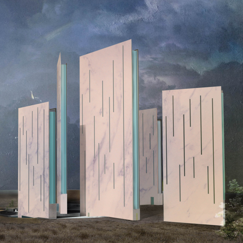 Translucent Glass Towers and Polished Stone Form Community Crater Experience