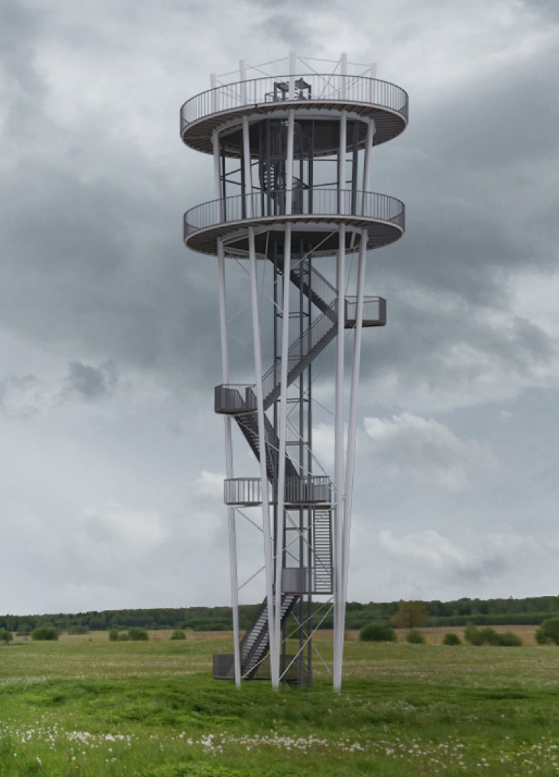 V-Shaped Columns Supporting a White Frustum Tower with Panoramic Gloriette