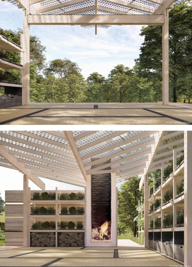 Leaf-Inspired Canopy and Planting Shelves Create a Meditative Retreat in Sustainable Wood