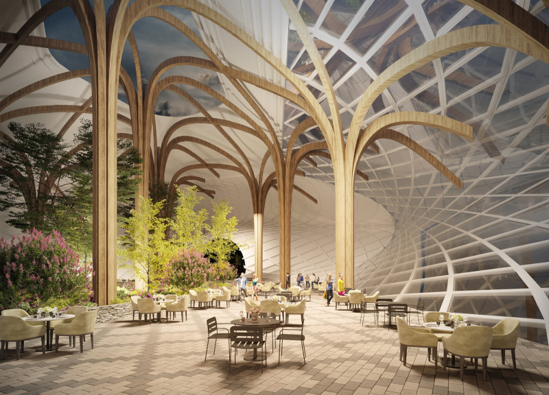 Organic Pigments and Natural Airflow in a Volcanic Landscape Dining Space