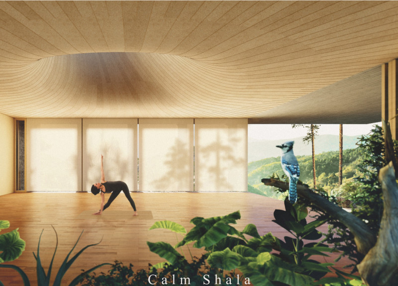 Cork Cladding and Natural Stone Embrace in a Serene Yoga Retreat