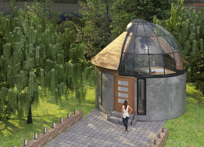 Puzzle Shaped Glass Wall Enhances Compact Living with Integrated Tree