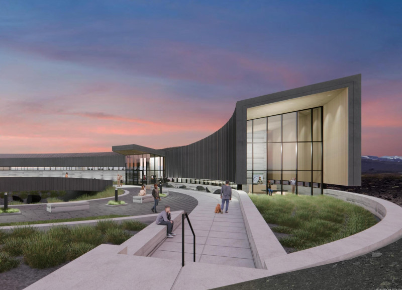 Rammed Earth Walls Framing Views of Hverfjall in a Visitor Center