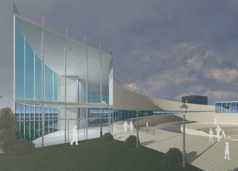 Glass Facades Paired with Natural Stone and Concrete in a Multifunctional Urban Park Design