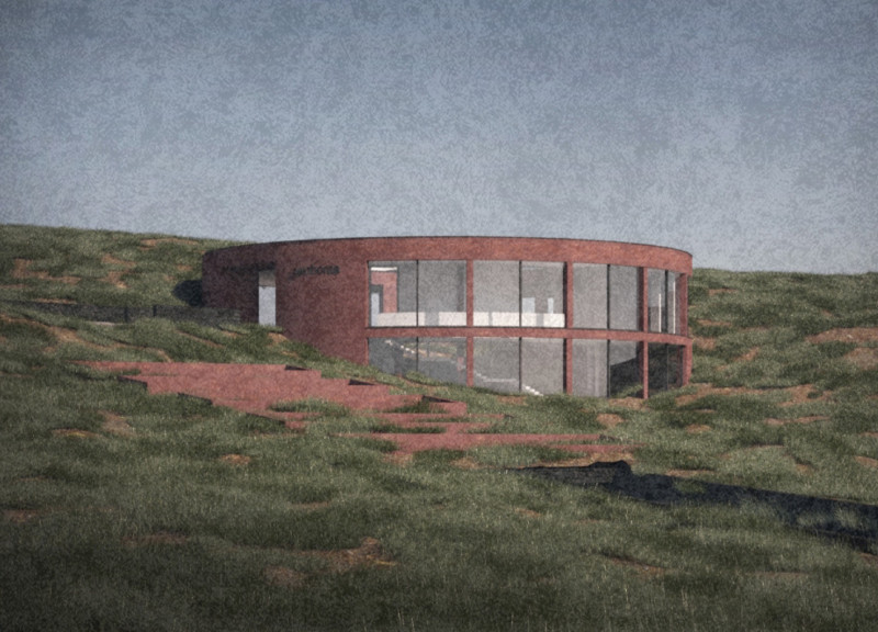 Concrete Structure with Volcanic Rock Amid a Community Landscape