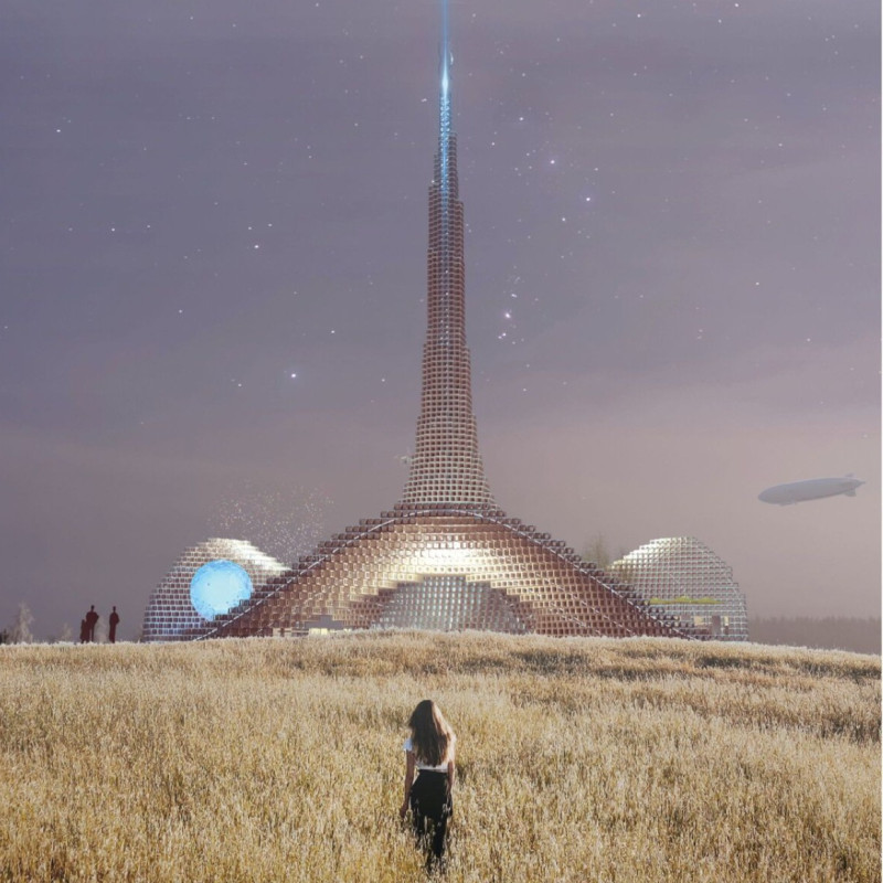 Gold-Capped Geometry in a Straw-Roofed Community Pavilion