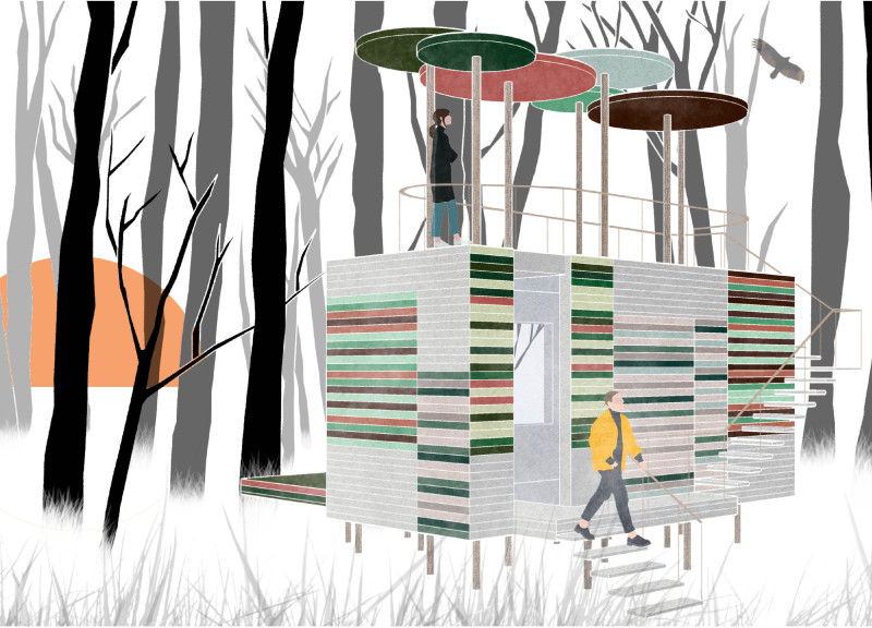 Elevated Huts with Open Platforms and Wood Beams for Meditative Retreats