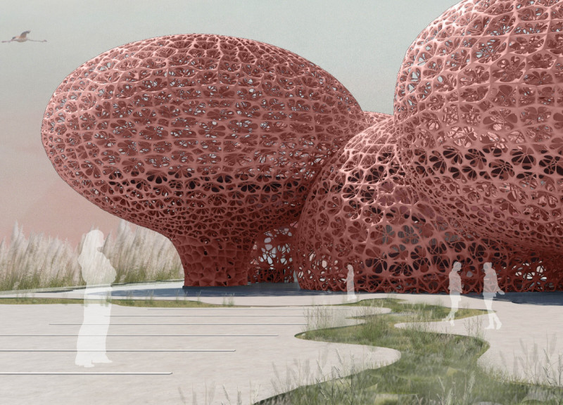 A Visitor Center with Flamingo-Inspired Form, Colored Concrete and Pneumatic Design