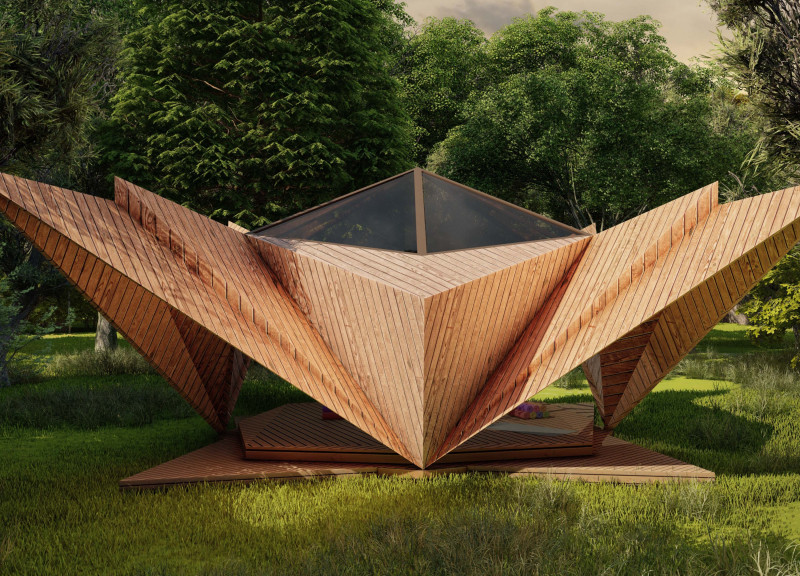 Timber Panels and Low-E Glass Cabin Emphasizing Cardinal Points for Meditation