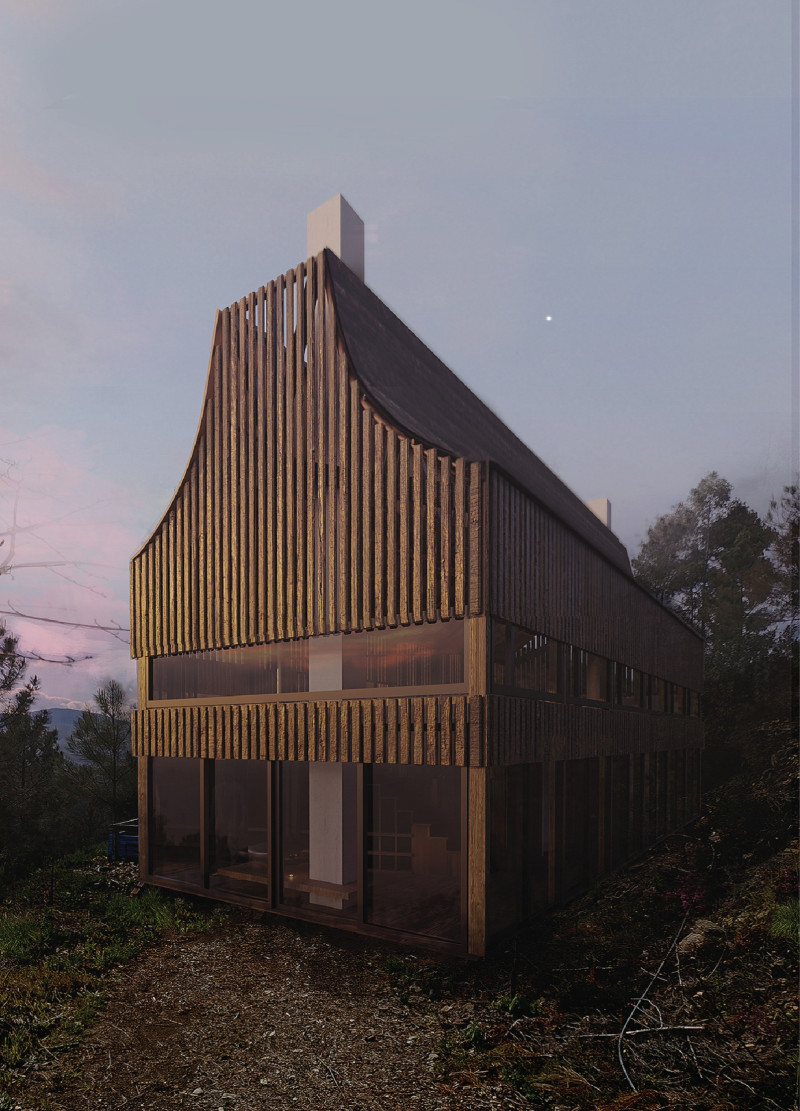 A Triangular Yoga House with Cork Wood Structure Embracing Nature