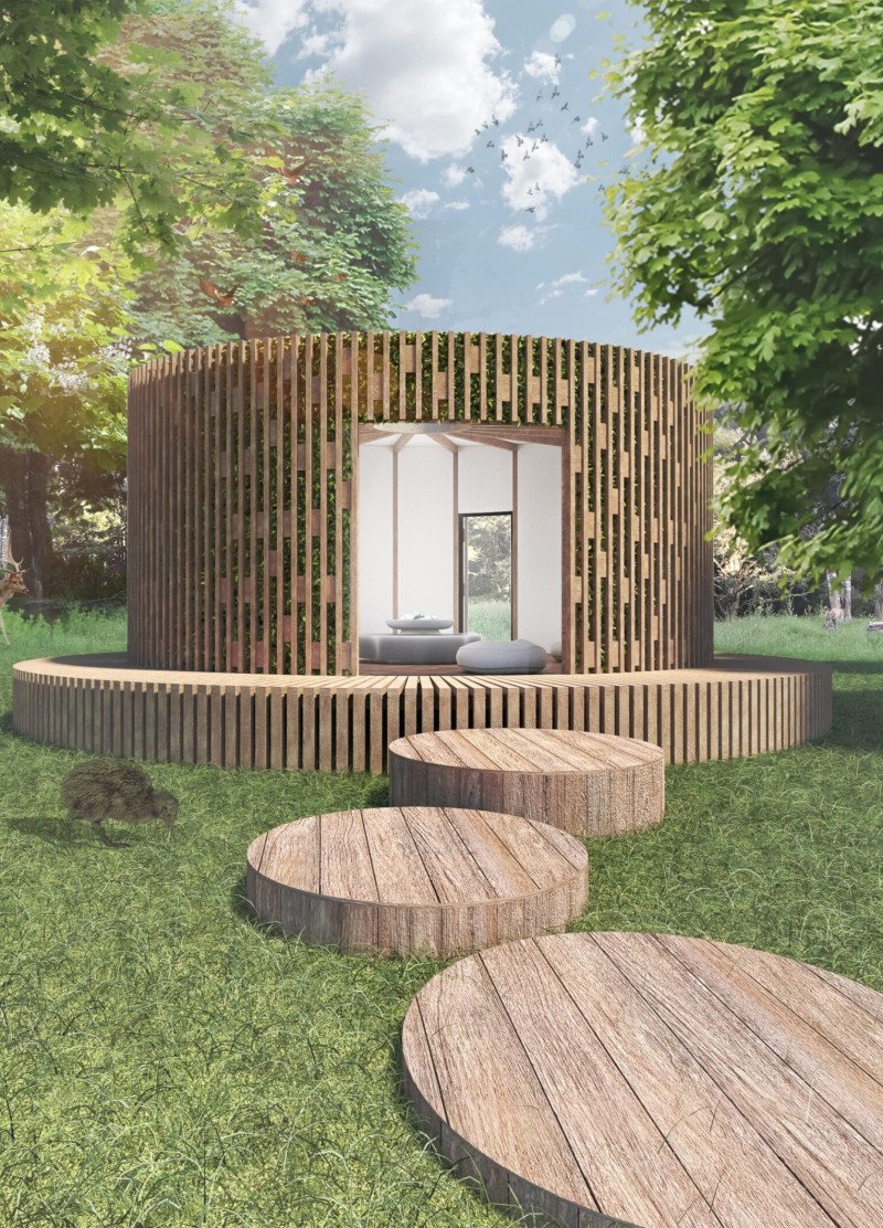 Circular Retreat Embracing Greenery with Wooden Elements and a Central Altar