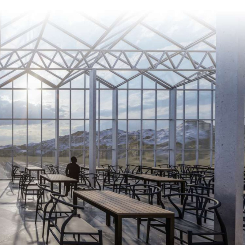 Elevated Restaurant with Glass Facades and Sustainable Greenhouse