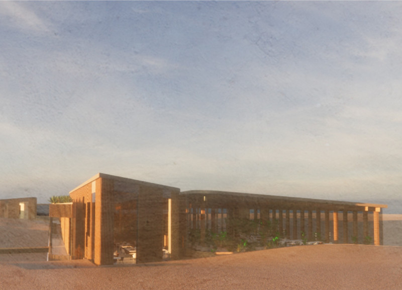 Heat-Retaining Greenhouse with Elevated Walkway and Community Space