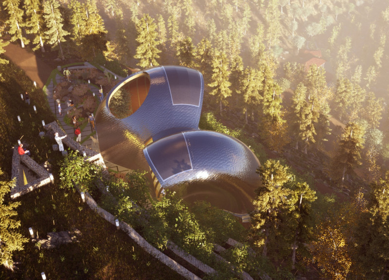 Cocoon Geometry with Titanium Sheeting in a Sustainable Yoga Retreat