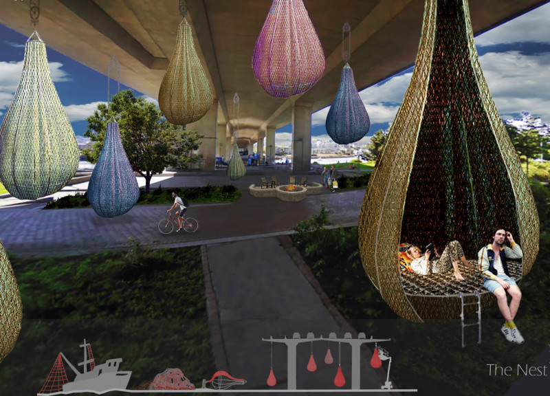 Suspended Living Pods with Recycled Nets on Cambie Bridge