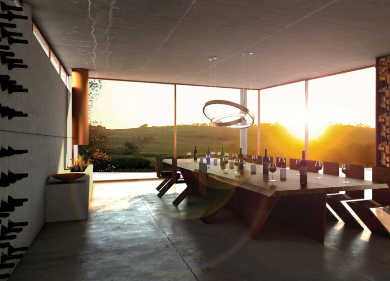 Gabion Walls and Earth Tones in a Semi-Sunk Wine Tasting Space