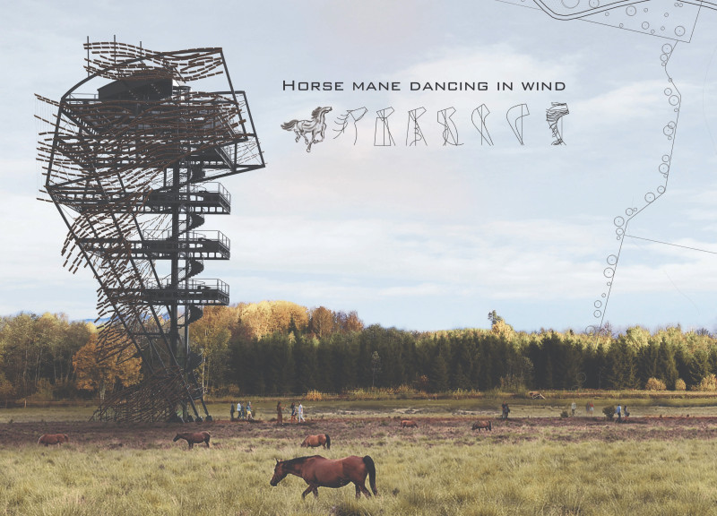 Wooden Slats Resembling Horse Mane Framing a Landmark Tower