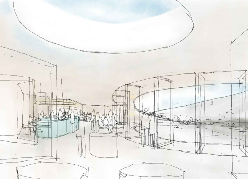 Crescent Pond and Cast Concrete Harmonize in Visitor Space