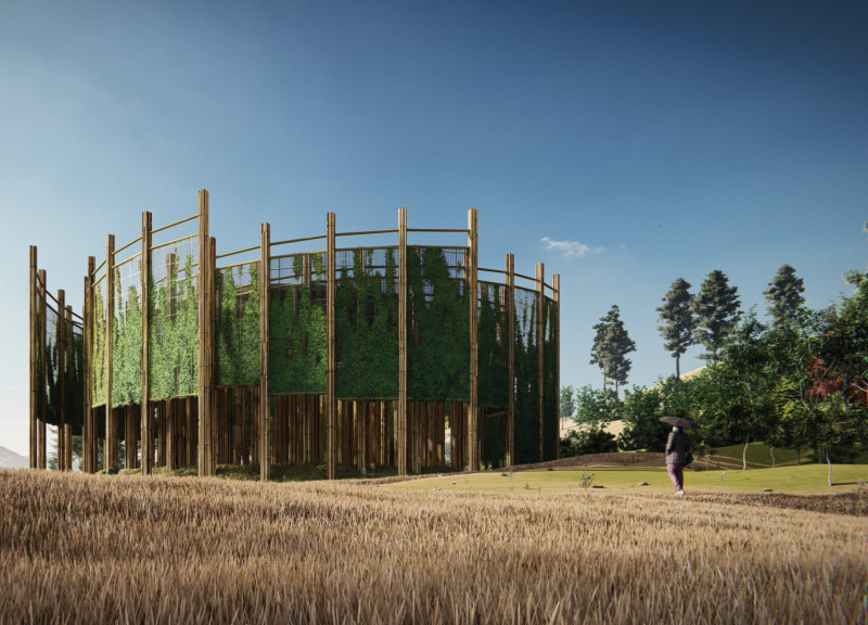 Spiraling Green Skin Envelopes Community Space with Bamboo Structure