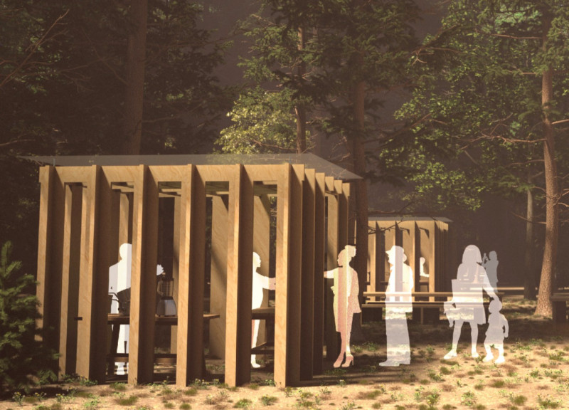 Polycarbonate Shelters and Wooden Beams Create Flexible Gathering Spaces