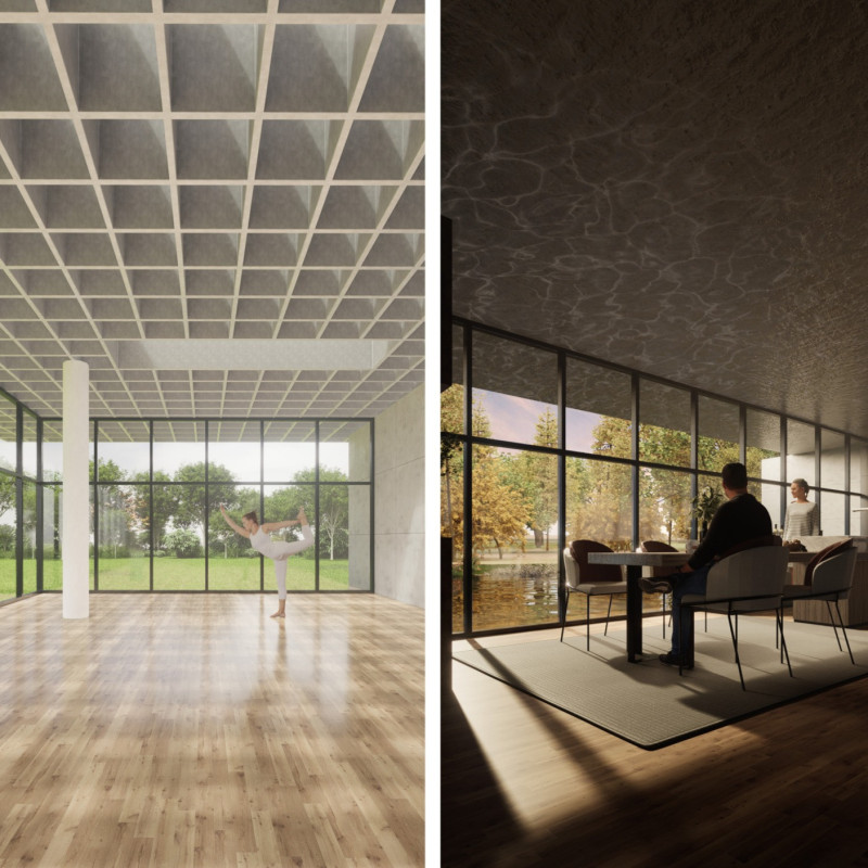 Embracing Light Through a Transparent Grid Roof and Thin Beams in a Serene Residence