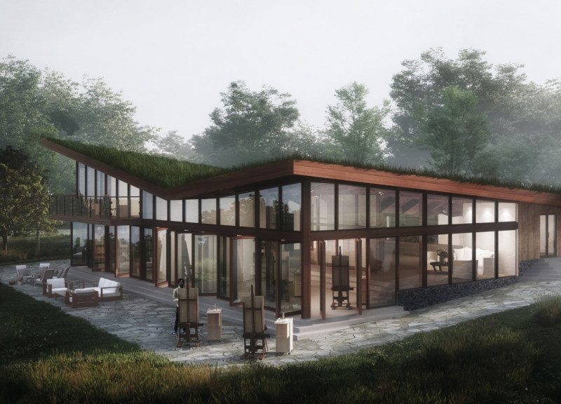 Reclaimed Wood Retreat with Courtyard Overlooking Cernostes Lake