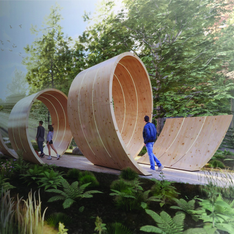 Phosphorescent Glow and Natural Integration in a Timber Pavilion