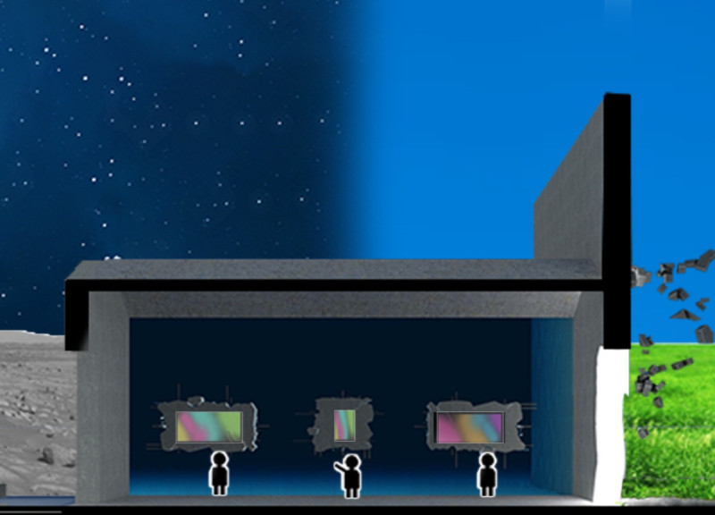 Underwater Canvas with Concrete Flying Blocks in a Lunar Meeting Space