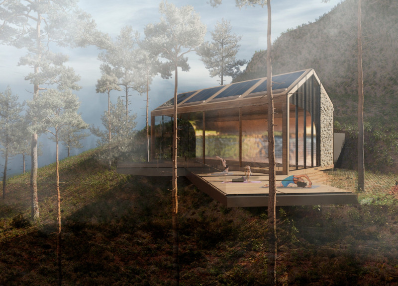 Reflective Metal Bowl Integrating Water Management in Mountain Residence