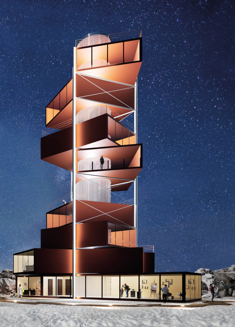 Geothermal Cylinder with Modular Wooden Terraces Overlooking Natural Landscapes