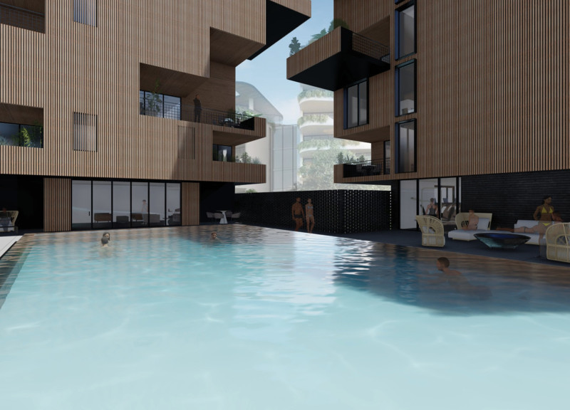 Stacking Timber Units Emphasizing Outdoor Spaces and Community Interaction