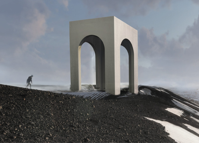 Elevated Stone Structure with Integrated Swings Overlooking a Volcanic Crater