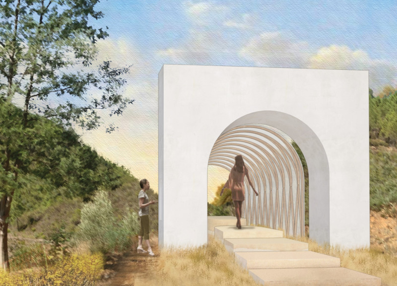Rammed Earth Steps Leading to an Enveloping Canopy for Mindful Reflection