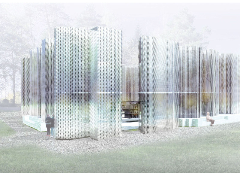 Floating Opaque Stone Amidst Vertical Glass Columns in a Grassy Memorial Space