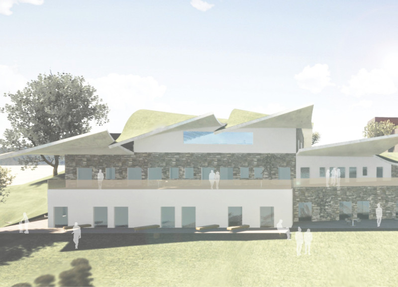 Wave-Shaped Roof with Natural Stone and Private Terraces in a Vineyard Retreat