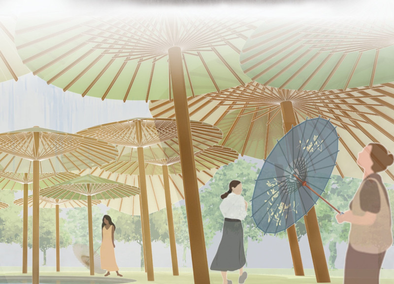 Operable Umbrellas and Oil Paper Enveloping a Cultural Workshop in Kyoto