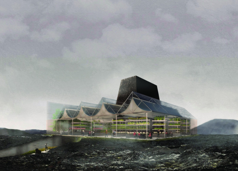 Raw Stone and Glass Greenhouse Amidst Natural Fissures