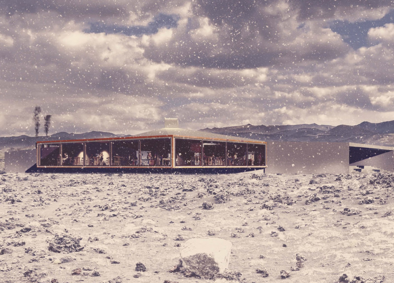 Twisted Roof Form Enhanced by Volcanic Rock and Glass in a Community Coffee Shop
