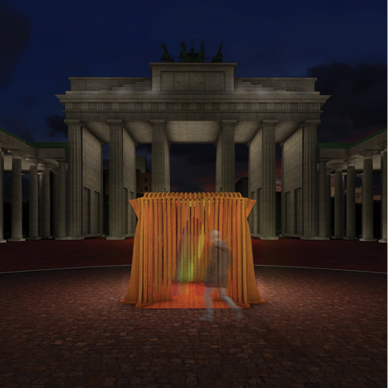 Dichroic Glass Booth Enhancing Urban Interactions Through Soundwave Form