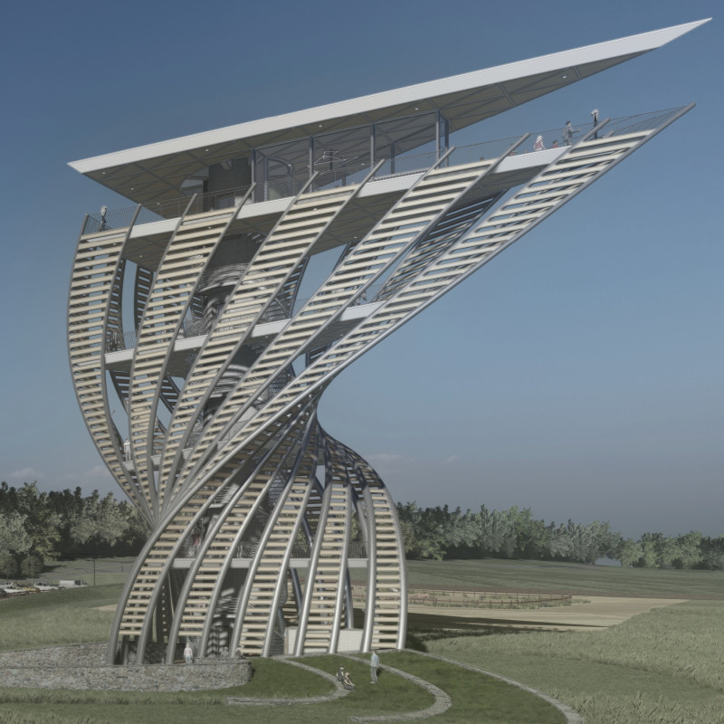 Twisting Steel Frame and Composite Wood Panels Within a Nature-Centric Observation Space